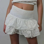 ladies mini skirts Women Y2K Ruffle Layered Hollow Mini Skirts Smocked A Line Pleated Short Skirts Teen Girls Boho Beach Kawaii Mini Skirts.
