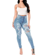 Men's Fashion Style Store Light Blue / XXXL HOLE Denim Women 2024 High Waist Ripped Jeans for Women Skinny Black Pockets Jeans Woman Elastic Slim Jean Female Femme Pants
