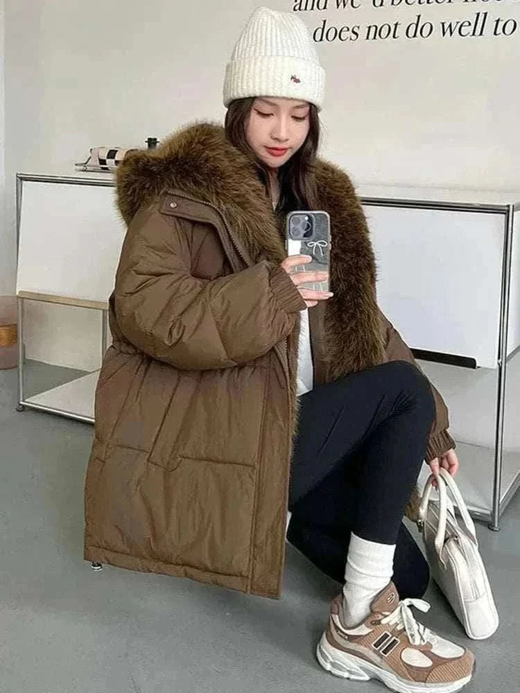  Men's Fashion Style Store Brown / L 2024 New Winter Women Puffer Jacket Loose Warm Parkas Fur Hooded Cotton Padded Coat Women Outwear