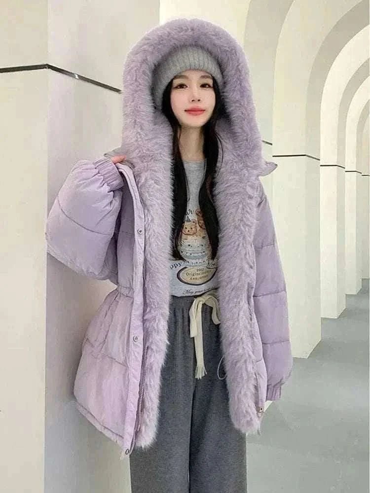  Men's Fashion Style Store Lavender / S 2024 New Winter Women Puffer Jacket Loose Warm Parkas Fur Hooded Cotton Padded Coat Women Outwear