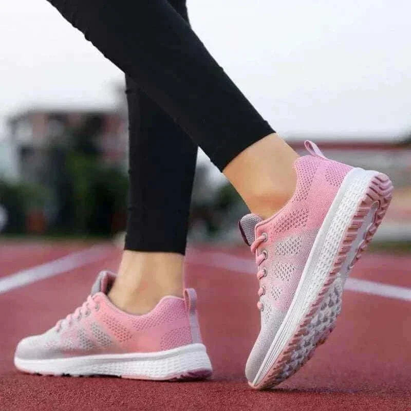 Women in Pink Sneakers Side View , Women Casual Shoes 