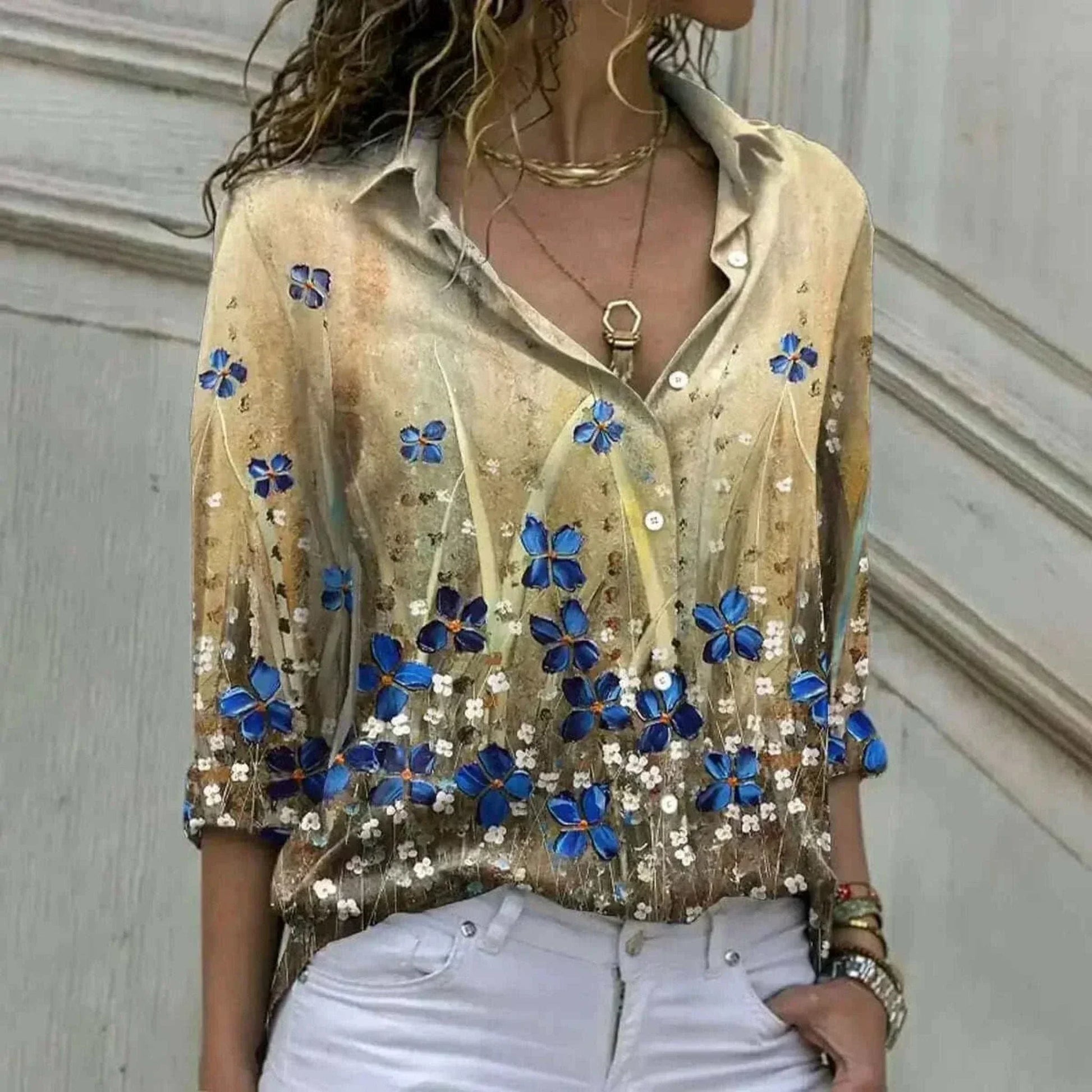 Women Model in Elegant Loose Gold Casual Shirt ,Going Out Tops