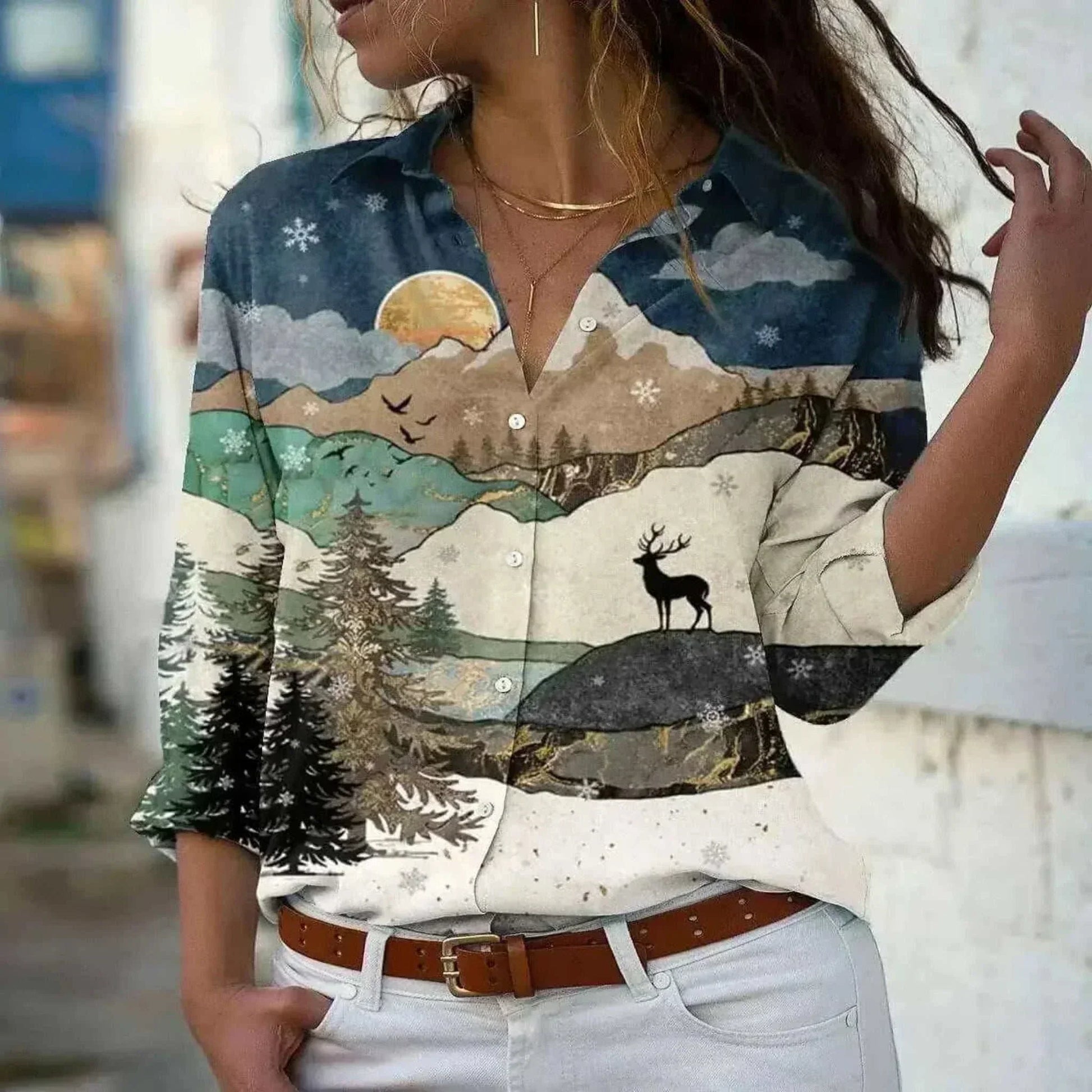 Women Model in Elegant Loose Khaki Casual Shirt , Going Out Tops
