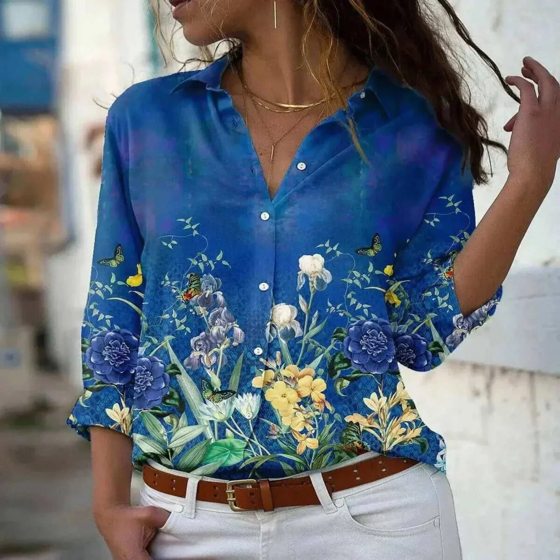 Women Model in Elegant Loose Deep Blue Casual Shirt , Going Out Tops
