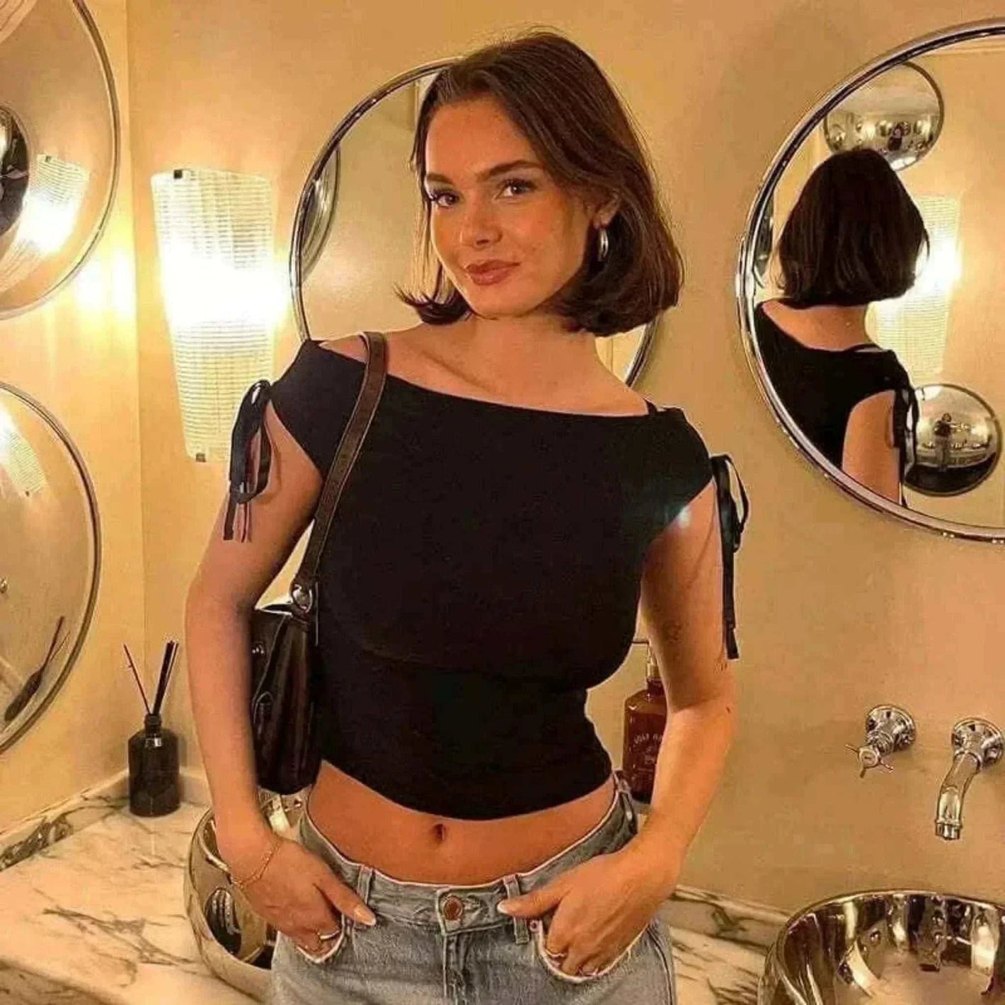  Model Wearing CUTENOVA Black 2024 Summer Solid Color Sexy Off Shoulder Tops