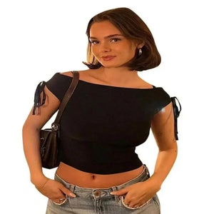  CUTENOVA Black 2024 Summer Solid Color Sexy Off Shoulder Tops front view 2, Summer New Tank Women Solid Sexy Sleeveless V-Neck Lady Top , going out tops