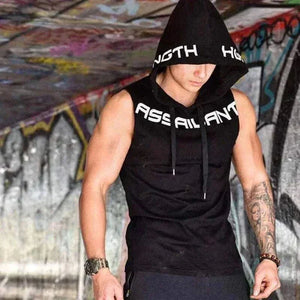 Men Fitness Black Sleeveless hoodies with Cotton Material , summer t-shirt for men