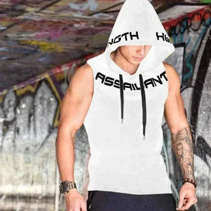  Men Wearing Fitness White Sleeveless hoodies with Cotton Material