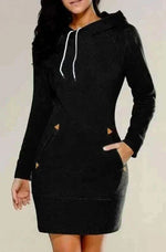 Black Hooded Zipper Pullover Mid-Length Sweatshirt Dress, Informal Dresses