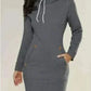 Dark Grey Hooded Zipper Pullover Mid-Length Sweatshirt Dress, Informal Dresses