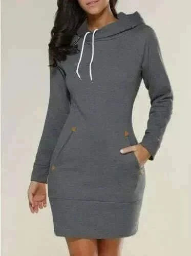 Dark Grey Hooded Zipper Pullover Mid-Length Sweatshirt Dress, Informal Dresses