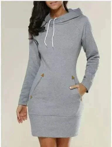 Light Grey Hooded Zipper Pullover Mid-Length Sweatshirt Dress, Informal Dresses