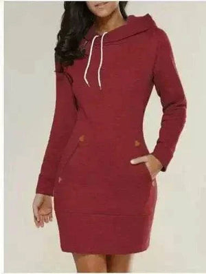 Red Hooded Zipper Pullover Mid-Length Sweatshirt Dress, Informal Dresses
