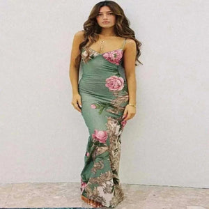 Informal Dresses - Floral Print Summer Green Dress Womens Fashion Casual Sleeveless V-neck Backless Tunics Bodycon Holiday Beach Dresses Streetwear.