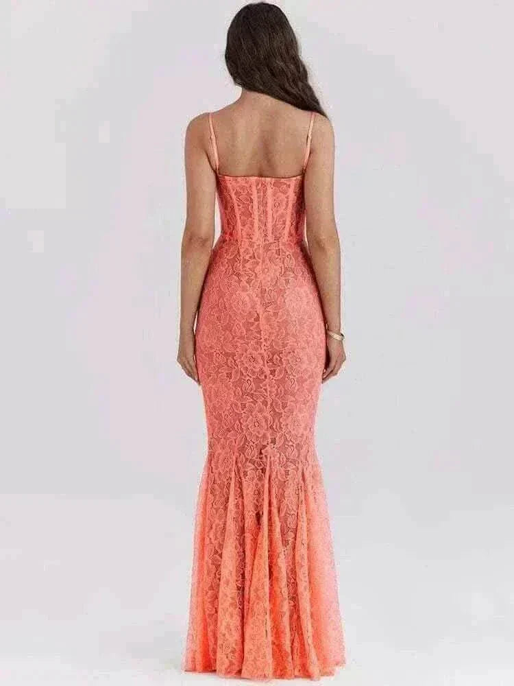  Women Wearing Mozision Floral Lace Sexy Maxi Dress back view, dress online uk
