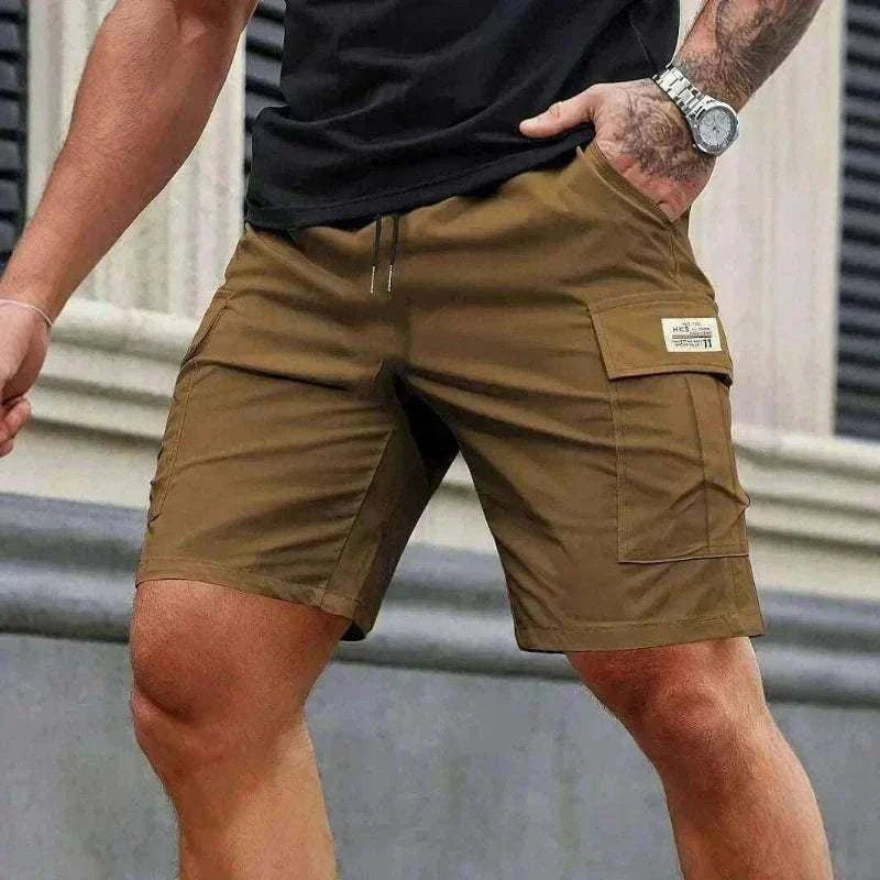 Man In Khaki Cargo Shorts  for Outdoor Work or Hiking front View ,Men Cargo Shorts