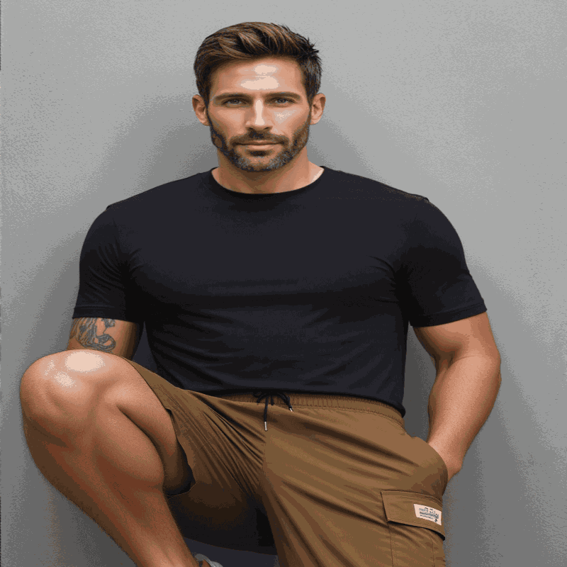 Man In Khaki Cargo Shorts  for Outdoor Work or Hiking. , Men Cargo Shorts
