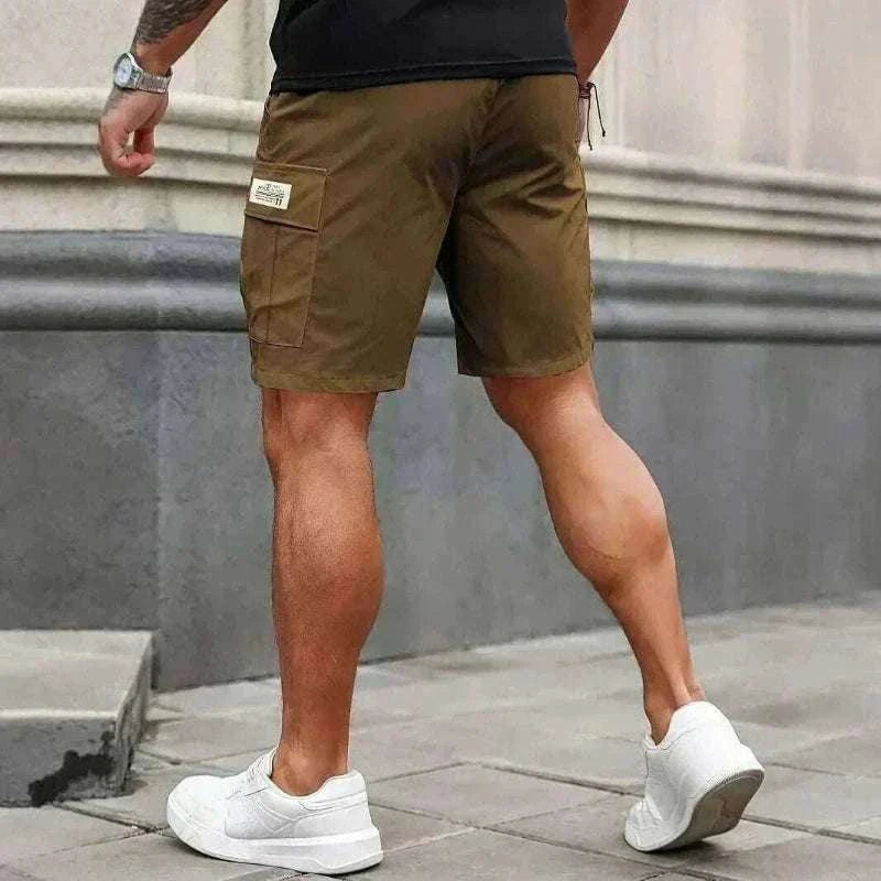 Man In Khaki Cargo Shorts  for Outdoor Work or Hiking Back View, Men Cargo Shorts