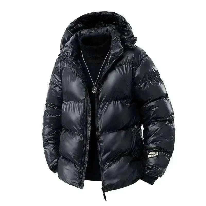  Men Black Puffer Jacket  Winter with Fully Hooded front jacket view,