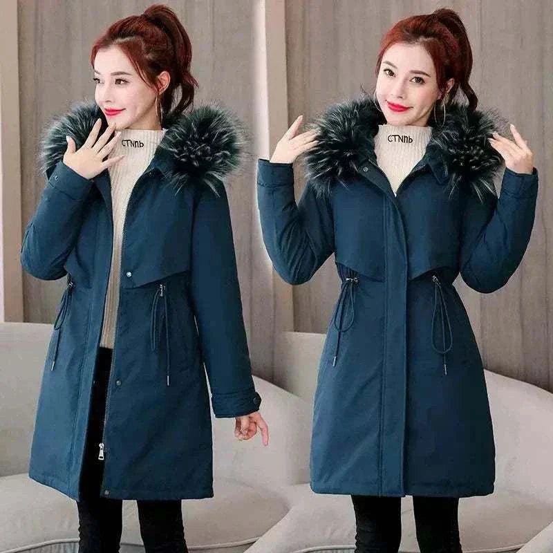Women Navy Blue Wool New Fur Collar Long Coat
