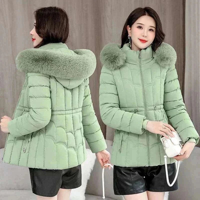 Women Parkas Fashion Warm Cotton Green Front & Back View Padded Coat