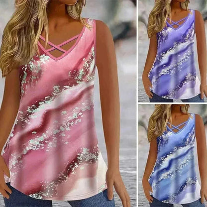Plus Size Marble Print Tank Top Casual Criss Cross Sleeveless V Neck Top .ladies summer tops uk