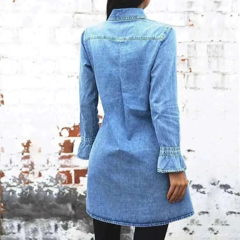 Informal Dresses - Women Denim Dress Long Sleeve Single.