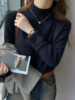 Women's Wearing Black Turtleneck Sweater Winter 2025 Retro with Velvet Lining
