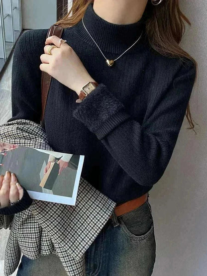 Women's Wearing Black Turtleneck Sweater Winter 2025 Retro with Velvet Lining