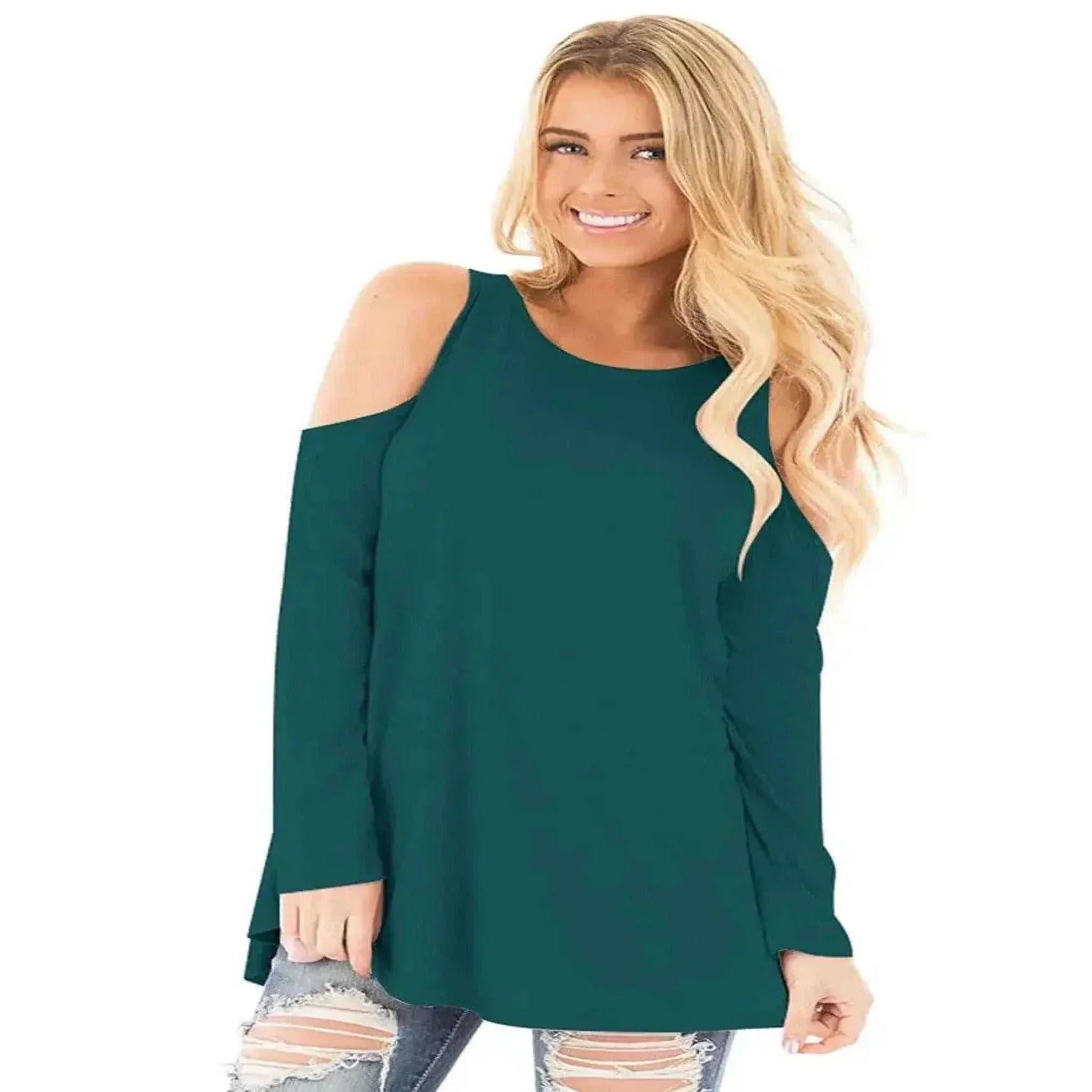 Going Out Tops  - Stitching Cold Shoulder Long Sleeves Spring Summer Tops.