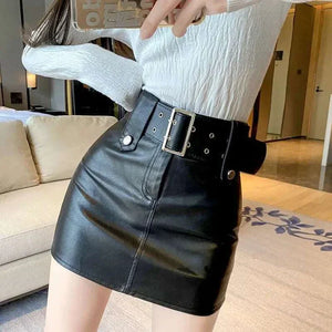 mini skirt- skirt women  2022  korean fashion clothing  Solid  Button  Above Knee, Mini  vintage leather  black skirt  Regulai Fit