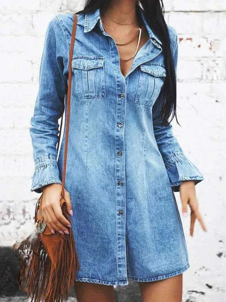 Informal Dresses - Women Denim Dress Long Sleeve Single.