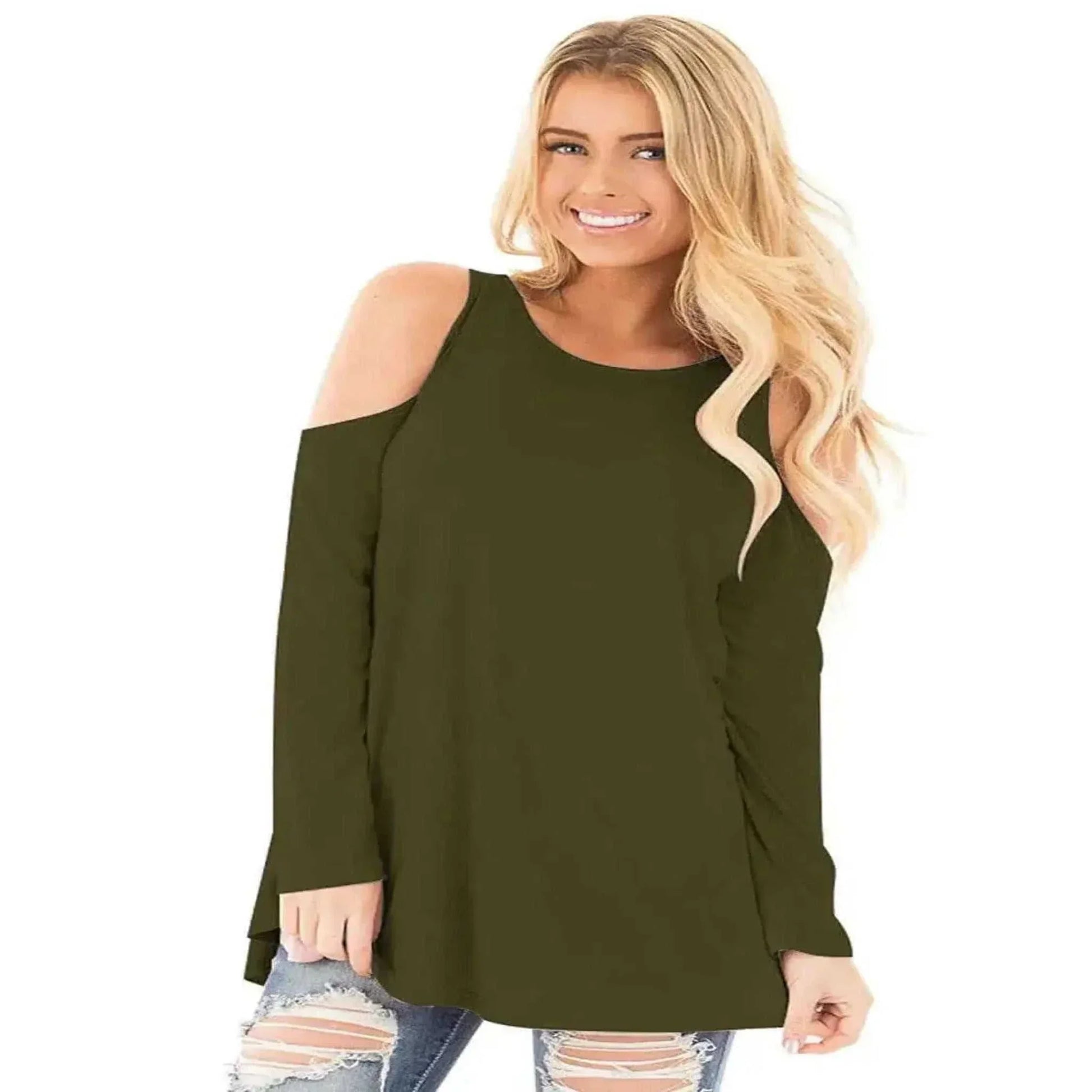 Going Out Tops - Stitching Cold Shoulder Long Sleeves Spring Summer Tops.