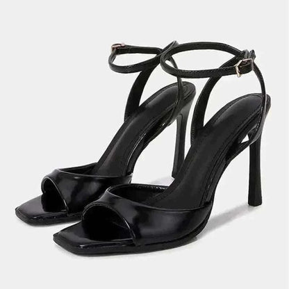 Heels- Elegant Ankle Strap High Heels Ladies Square Toe Fashion Party Dress Shoes Office Hollow Sexy Designer Brand Sandals Women Pumps.