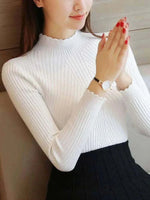 2025 White Autumn Women Mock Neck Ruffles Sweater