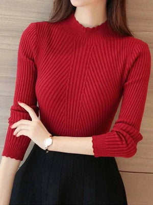 2025 Burgundy Autumn Women Mock Neck Ruffles Sweater