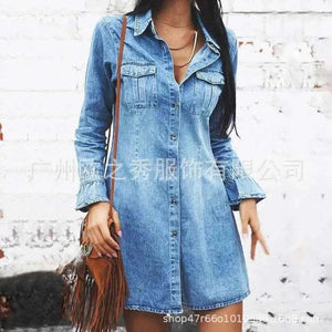 Informal Dresses - Women Denim Dress Long Sleeve Single.