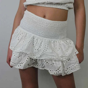 mini skirt - Women Y2K Ruffle Layered Hollow Mini Skirts Smocked A Line Pleated Short Skirts Teen Girls Boho Beach Kawaii Mini Skirts