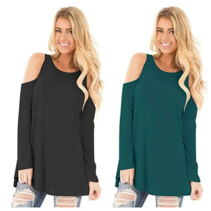 Going Out Tops - Stitching Cold Shoulder Long Sleeves Spring Summer Tops.