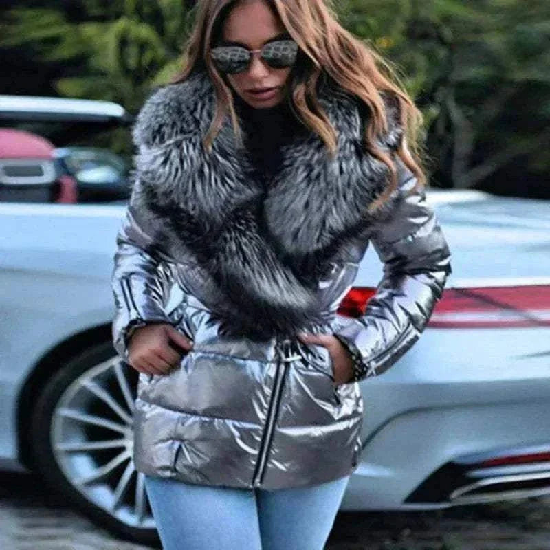 Model Wearing Winter Coat Silver Grey Bright Surface  Large Collar