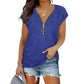  Short-SleevedBlue T-shirt Blouse with Chest Zipper.