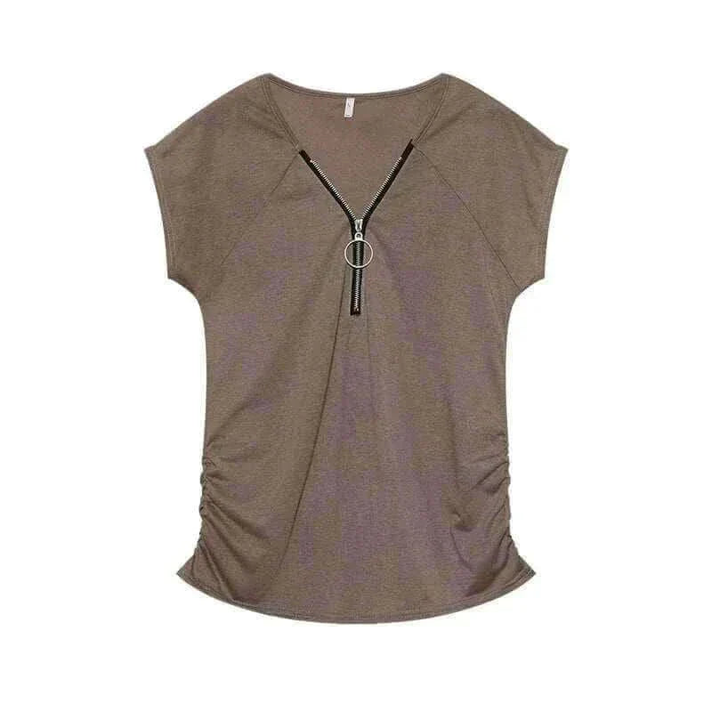 Short-Sleeved T-shirt Blouse with Chest Zipper.