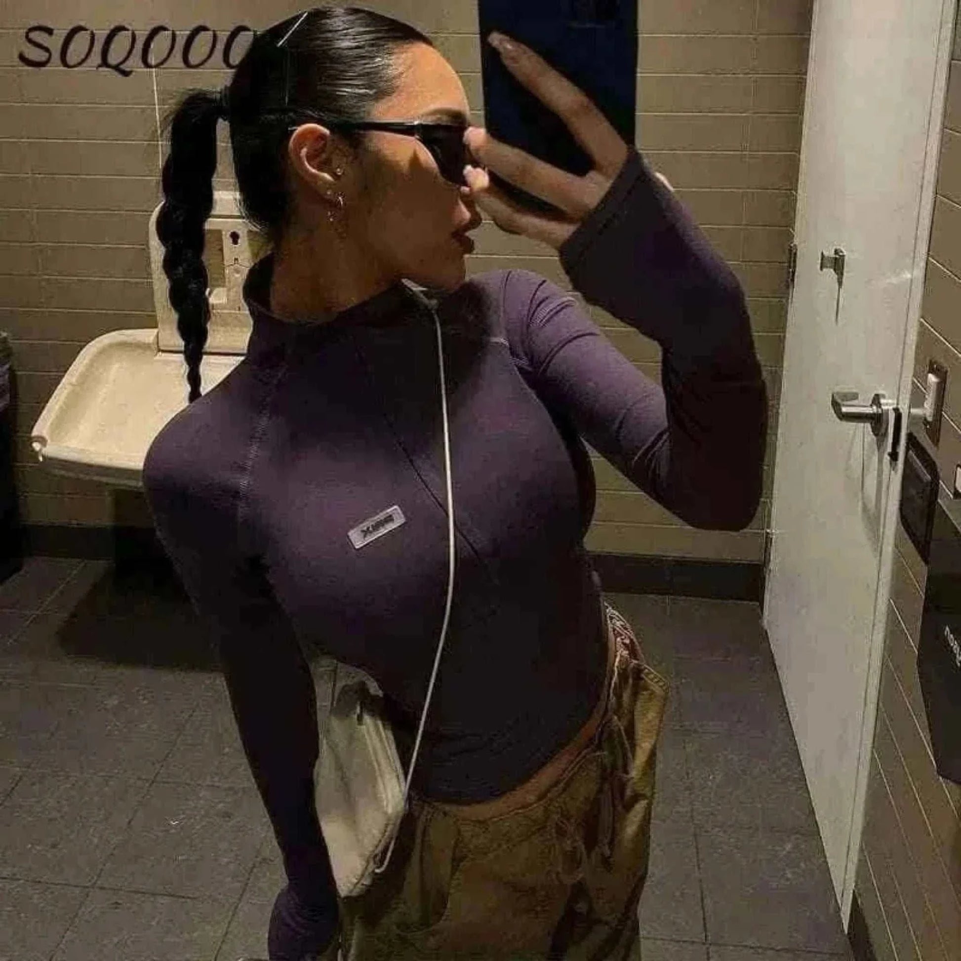 Y2K Long Sleeve Zip Crop Top for Women