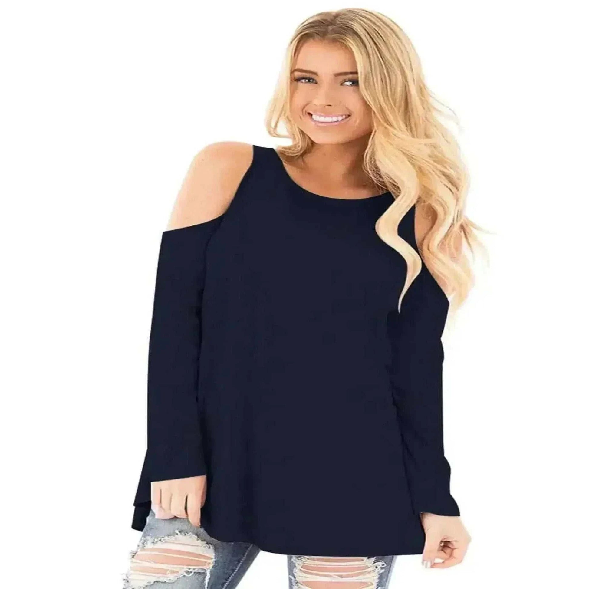 Stitching Cold Shoulder Long Sleeves Spring Summer Tops , Going Out Tops