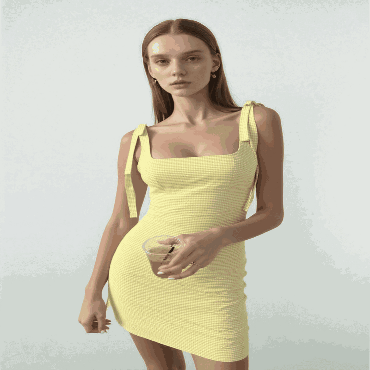 Women Wearing TRAFZA 2025 Fashion Yellow Plaid Sling Dress
