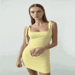 Women Wearing TRAFZA 2025 Fashion Yellow Plaid Sling Dress