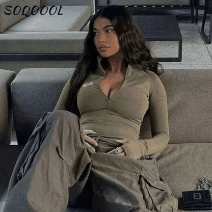 Long Sleeve T Shirt -Soqoool Y2K Long Sleeve Zip Crop Top