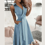 Women Wearing Blue Pocket Midi Dress Casual