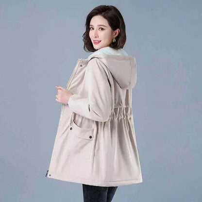 Women Winter Jackets Side View in Cotton Fabric in Beige, with Lining Plush Hooded