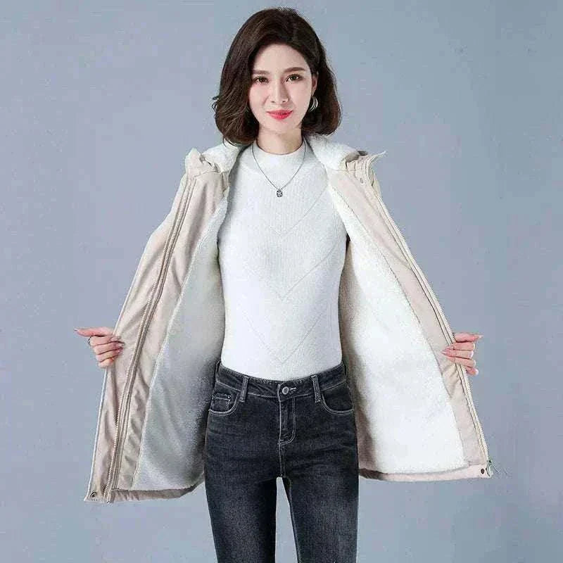 Women Winter Jackets Front View in Cotton Fabric in Beige with Lining Plush Hooded